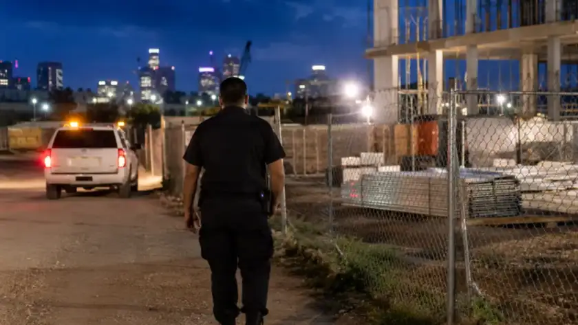 Security officer patrolling a Houston commercial construction site perimeter at night