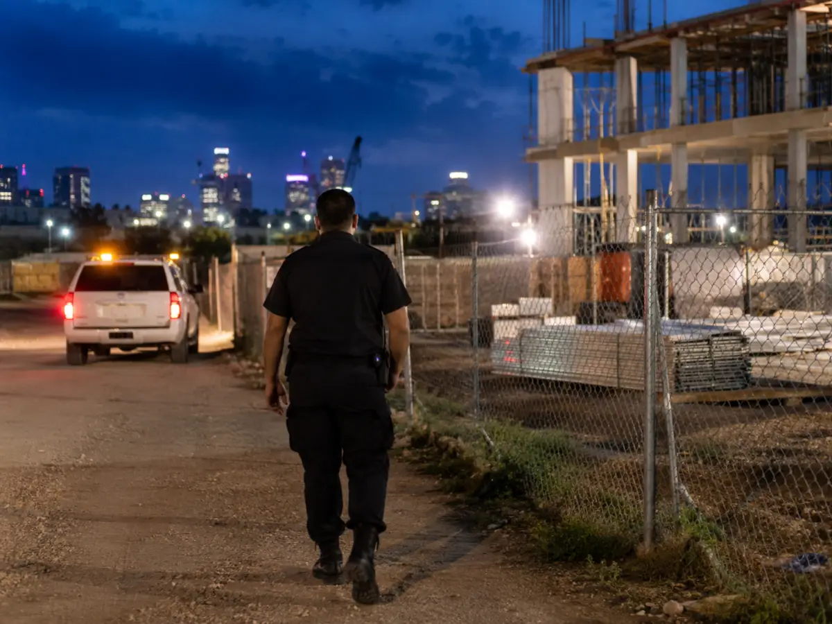 Security officer patrolling a Houston commercial construction site perimeter at night