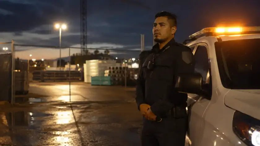 security officer on night patrol at a Houston construction site gate
