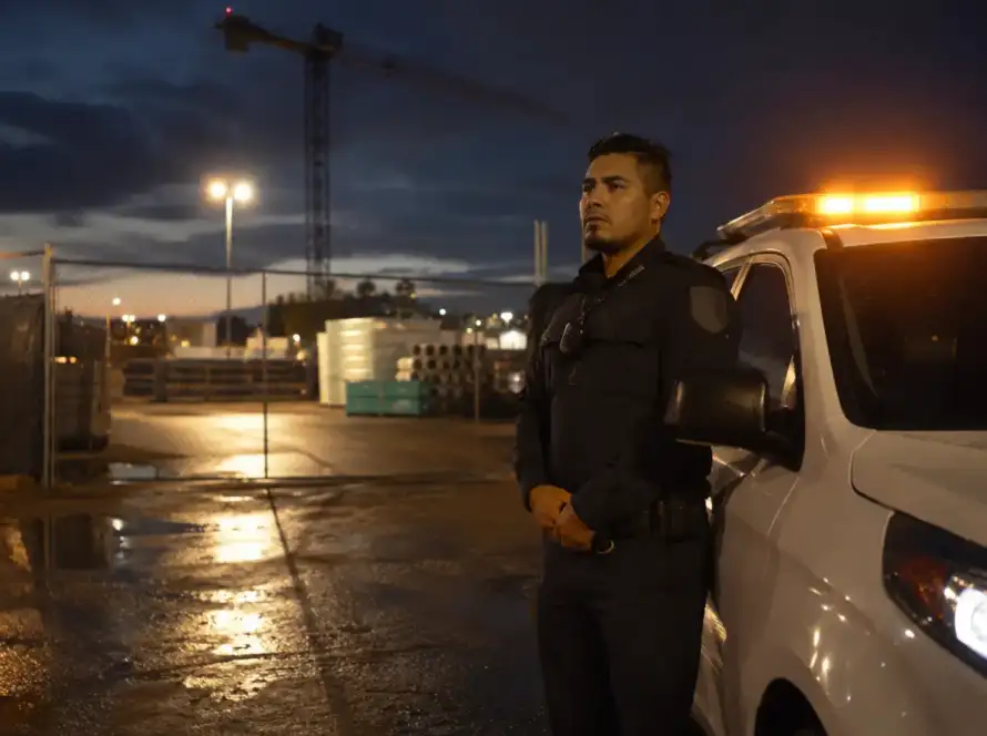 security officer on night patrol at a Houston construction site gate