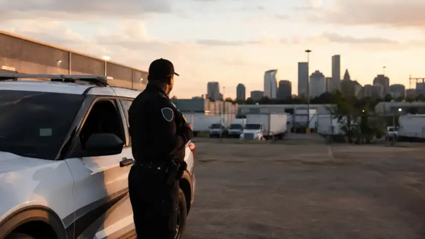 Houston security guard beside a patrol vehicle at a commercial site at dusk