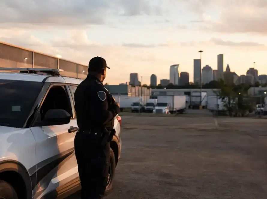 Houston security guard beside a patrol vehicle at a commercial site at dusk