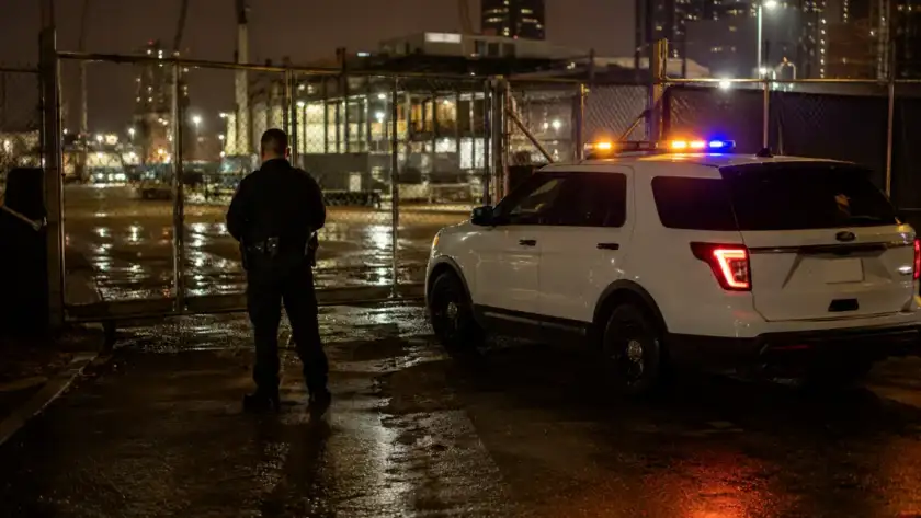 Uniformed security officer and marked patrol vehicle at a Houston commercial site at night
