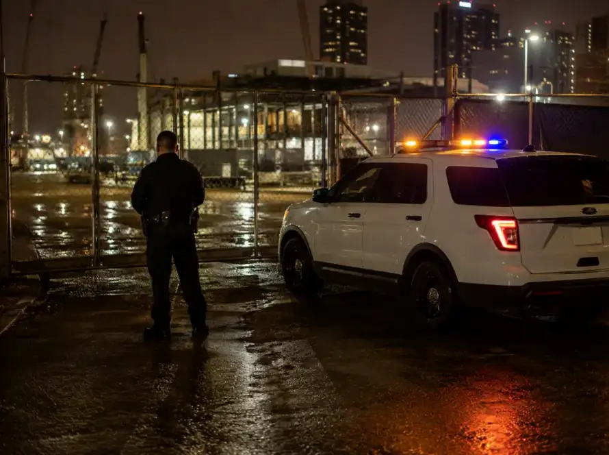 Uniformed security officer and marked patrol vehicle at a Houston commercial site at night