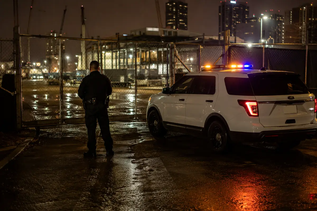 Uniformed security officer and marked patrol vehicle at a Houston commercial site at night