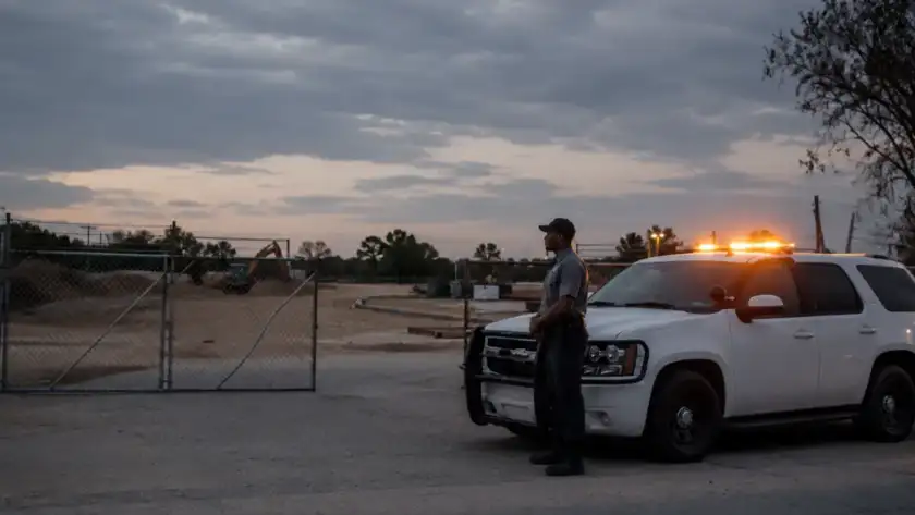 Unarmed security officer on patrol at a Houston commercial site at dusk