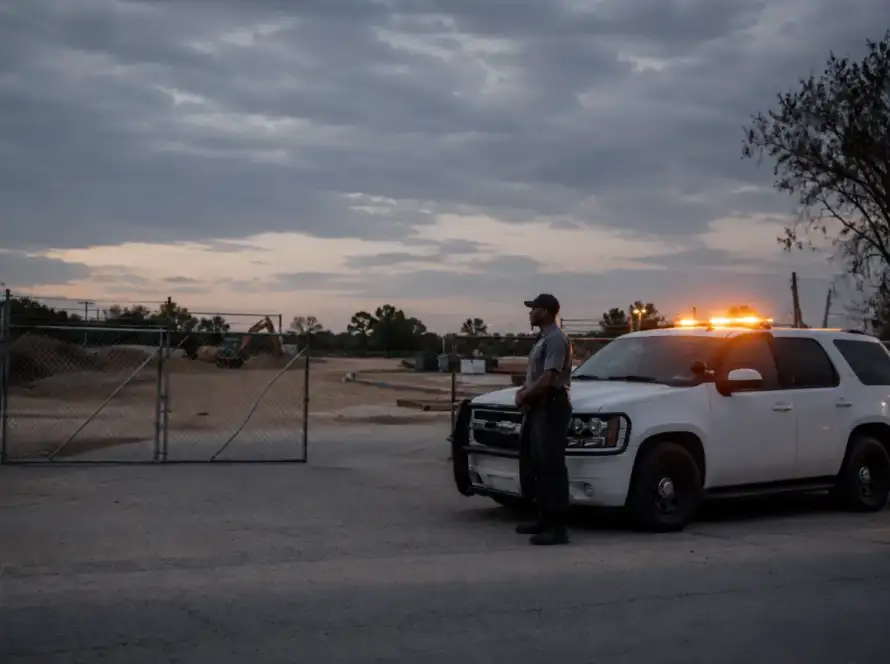 Unarmed security officer on patrol at a Houston commercial site at dusk