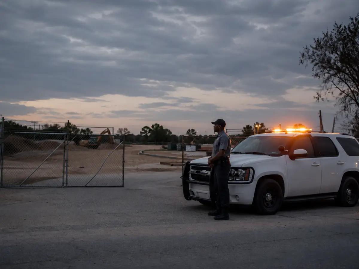 Unarmed security officer on patrol at a Houston commercial site at dusk