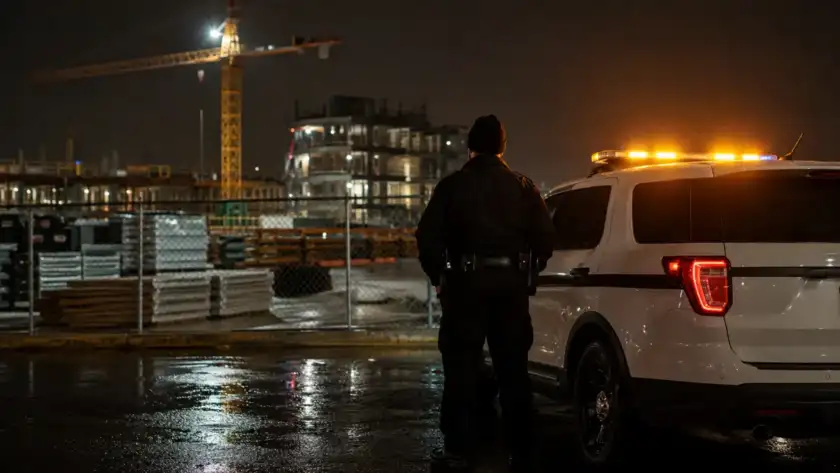 Security guard on night patrol beside a marked vehicle at a Houston construction site