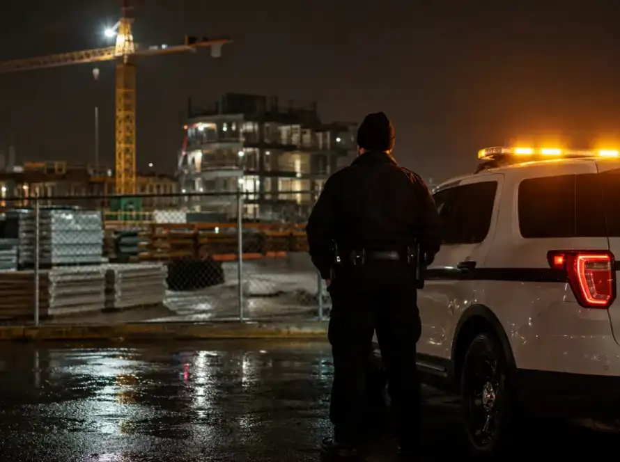 Security guard on night patrol beside a marked vehicle at a Houston construction site