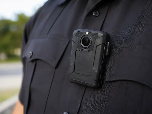 Body-worn camera clipped to a security officer's uniform