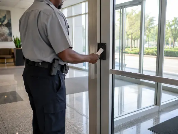 Security guard checking keycard access at a Houston office building lobby