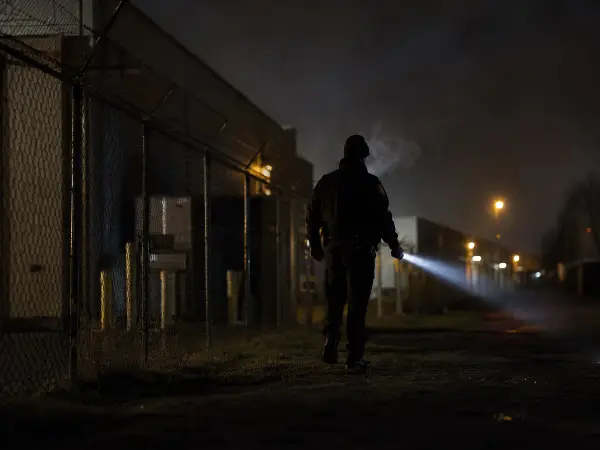 Houston night security guard on foot patrol with a flashlight along a fence line
