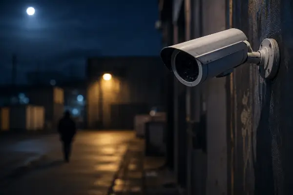 Security camera recording a blurred intruder in a commercial yard at night