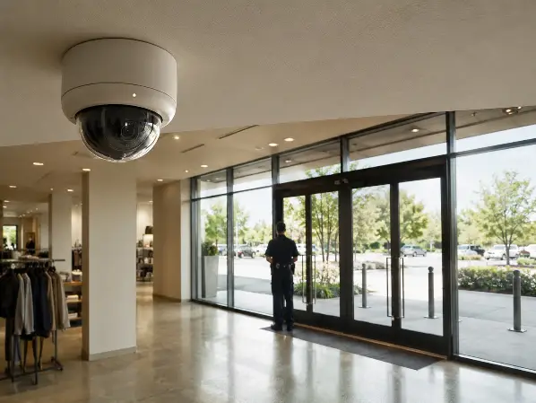 security guard and CCTV camera at a retail store entrance