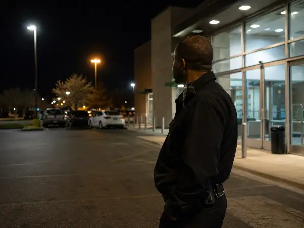 Security officer monitoring a commercial property entrance at night