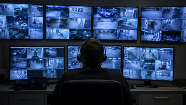 Remote video monitoring operator watching camera feeds, an example of virtual guarding