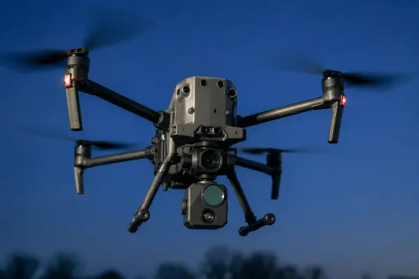 Close-up of a security drone with a gimbal camera and thermal sensor in flight