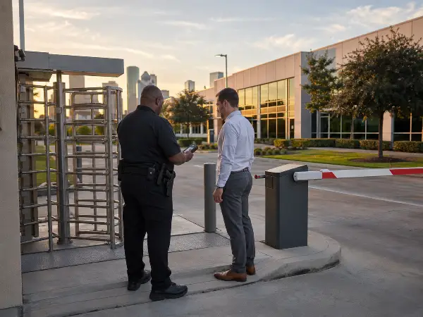 Access control in physical security, officer at a commercial gated entry point