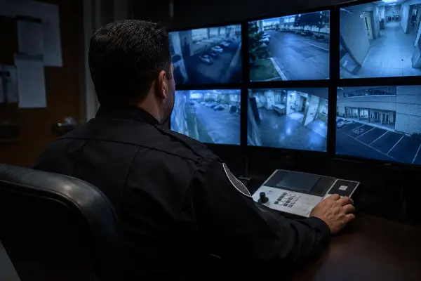 Security officer monitoring live camera feeds and access control in an integrated setup