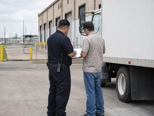 Access control security guard verifying a delivery at a Houston site entrance