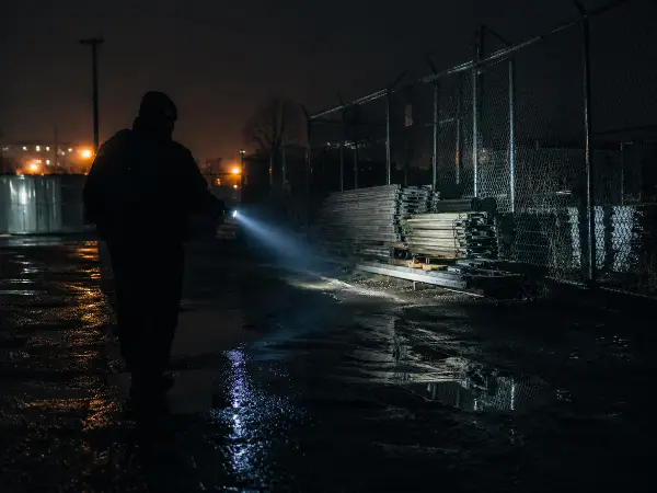 Security officer checking a dark construction perimeter with a flashlight at night