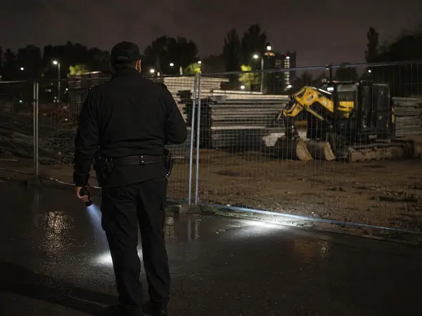 construction site security guard on night patrol in Houston