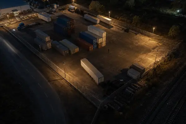 Night aerial view from a security drone over an industrial storage yard