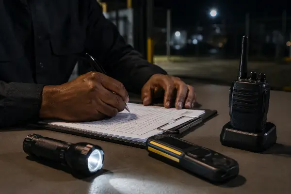 Security officer logging a night patrol on a GPS guard-tour device