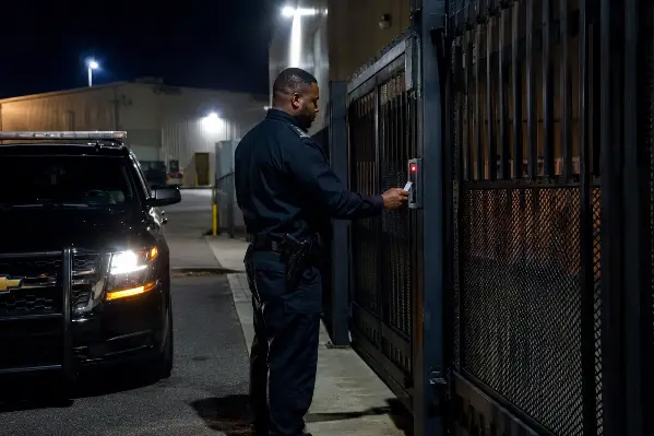 Security officer verifying access at a gated commercial entrance at night