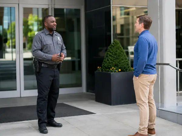 Unarmed security guard de-escalating with calm communication