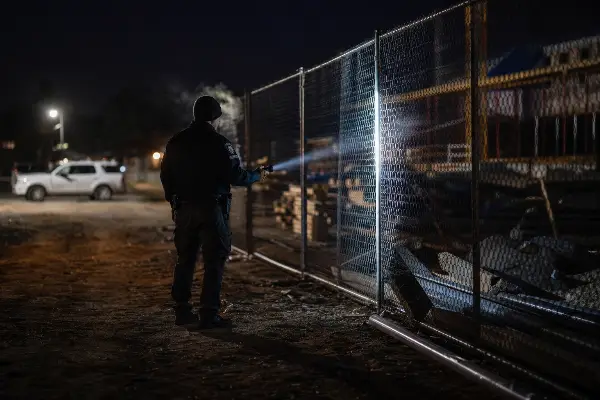 Security officer checking a construction site perimeter fence at night with a flashlight