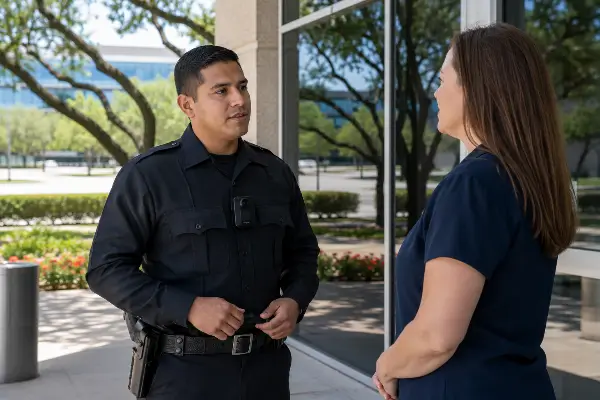 Security guard speaking with a visitor at a Houston building entrance