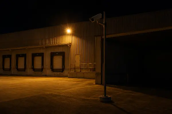 Warehouse loading dock at night with a security camera blind spot near the dock doors