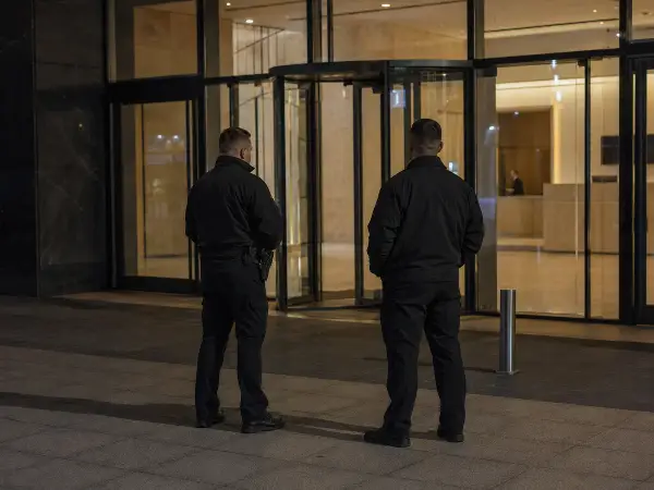 Armed and unarmed security officers at a Houston commercial building entrance at night