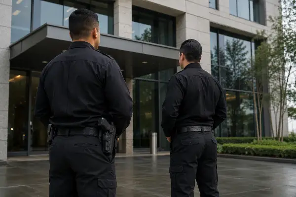 Armed and unarmed security officers at a Houston commercial entrance