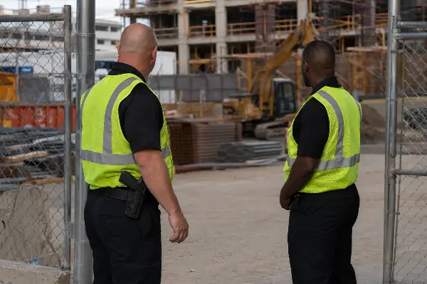 Unarmed and armed security officers at a Houston construction site gate