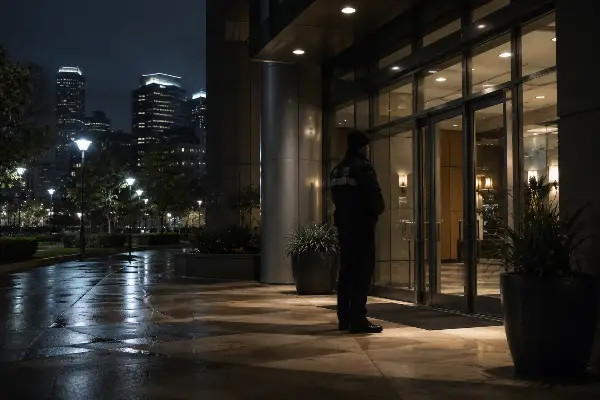 Uniformed security officer on post at a commercial building entrance at night