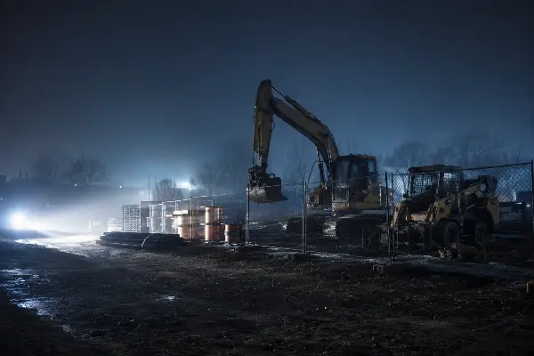 Heavy construction equipment parked behind fencing at a Houston job site at night