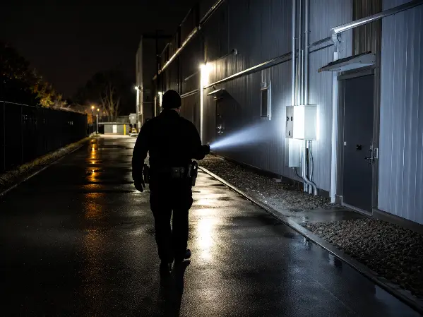 Security officer patrolling a data center exterior at night with a flashlight