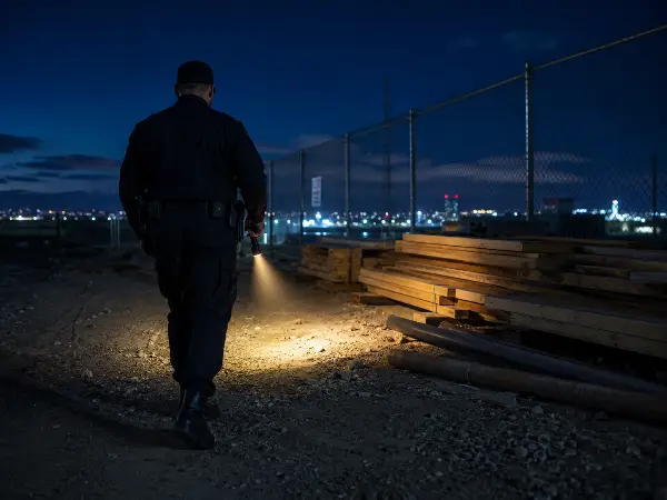 Night security patrol checking a construction site perimeter fence