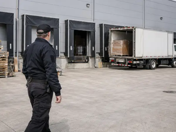 warehouse security guard checking a loading dock