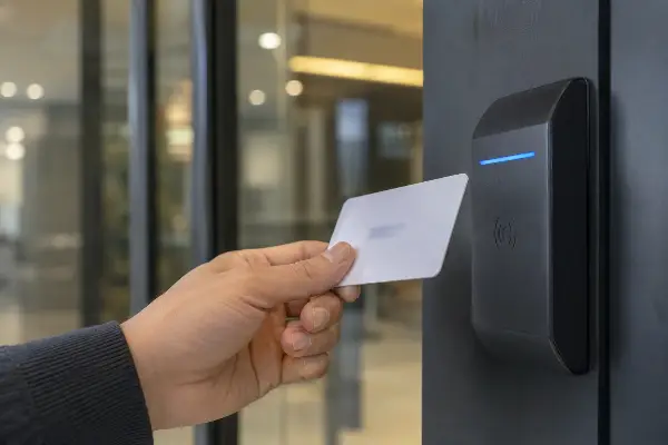 Access control card reader at a commercial entrance