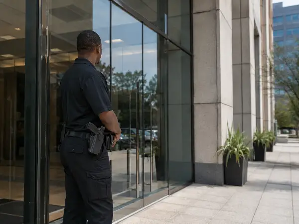 armed commissioned security officer at a commercial building entrance