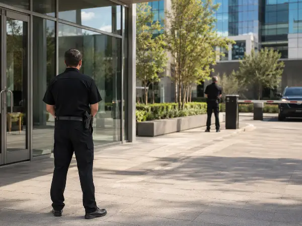 Unarmed and armed Texas security officers at a commercial building access point