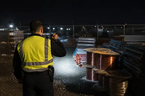 Security guard checking construction materials on a night patrol