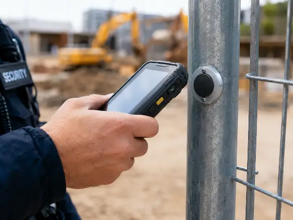 Officer scanning a GPS guard-tour checkpoint on a Houston job site