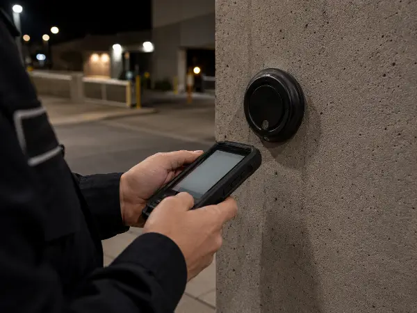 Security officer logging a patrol checkpoint on a guard-tour device