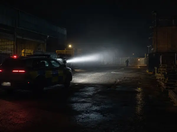 Patrol spotlight sweeping a dark Houston warehouse yard as an intruder retreats