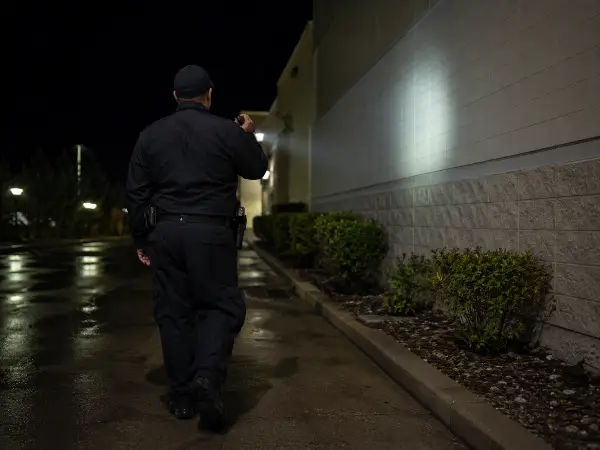 Security officer patrolling a commercial building perimeter at night with a flashlight